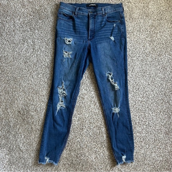 Express Ankle High Rise Stretch Blue Skinny Jeans with Distressed Details Denim - Picture 1 of 8